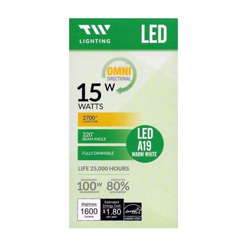 TW Lighting 15 Watt LED Fully Dimmable A19 Light Bulb - Warm White (1 Pack) 100W Equiv. - Dollar Fanatic