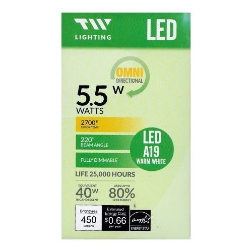 TW Lighting 5.5 Watt LED Fully Dimmable A19 Light Bulb - Warm White (1 Pack) 40W Equiv. - Dollar Fanatic