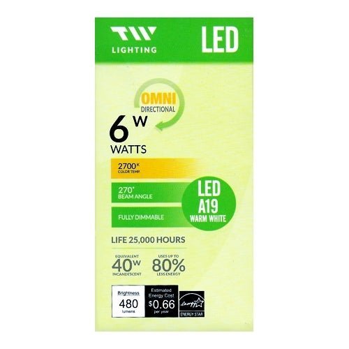 TW Lighting 6 Watt LED Fully Dimmable A19 Light Bulb - Warm White (1 Pack) 40W Equiv. - Dollar Fanatic