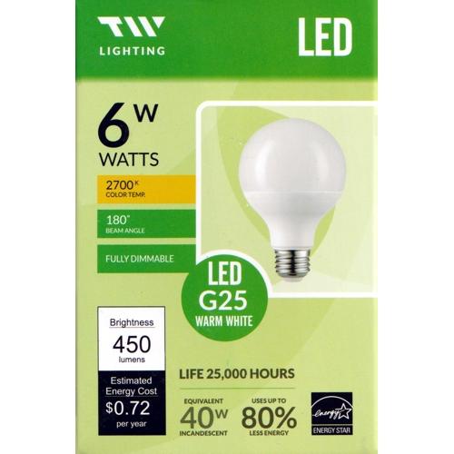 TW Lighting 6W LED Globe G25 Light Bulb Fully Dimmable Warm White (1 Pack) - Dollar Fanatic