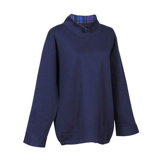 Denim Moves Women's Long Sleeve Button Mock Neck Pullover Sweatshirt with Plaid Collar, Cuffs and Pockets - Navy Blue (Size Large) - DollarFanatic.com