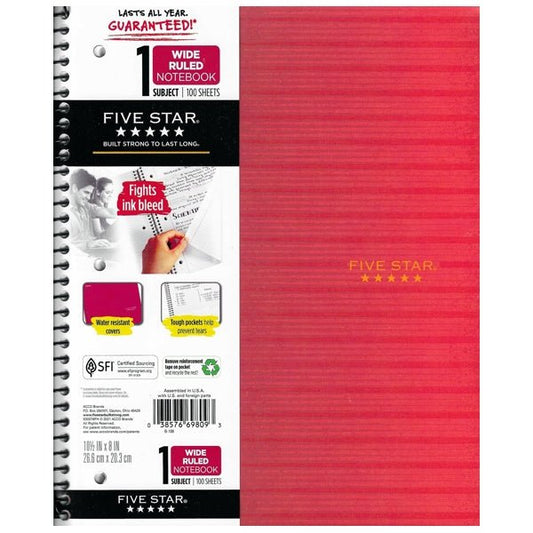 Five Star 1 Subject Wide Ruled Plastic Cover Spiral Notebook - Red (100 Sheets) - DollarFanatic.com