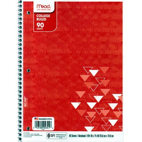 Mead College Ruled 7.5" x 10.5" Spiral Notebook (90 Sheets) Colors Vary - DollarFanatic.com