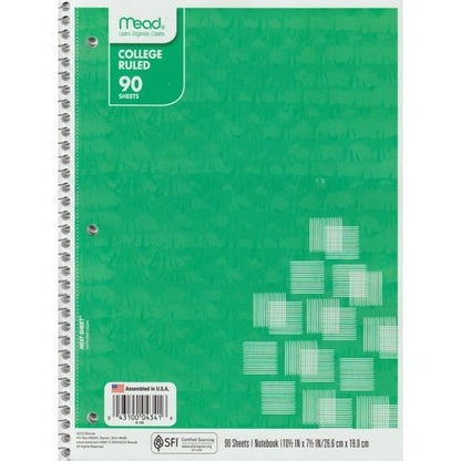 Mead College Ruled 7.5" x 10.5" Spiral Notebook (90 Sheets) Colors Vary - DollarFanatic.com