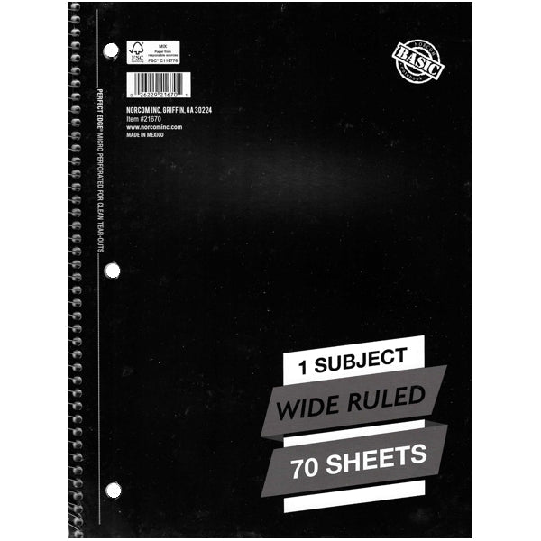 Norcom 1-Subject Wide Ruled 8" x 10.5" Spiral Notebook (70 Sheets) Micro-Perforated for Clean Tear-Outs - DollarFanatic.com