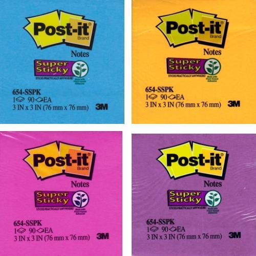 Post-it Super Sticky Notes, 3 in x 3 in, Assorted Bright Colors 90  Sheets/Pad